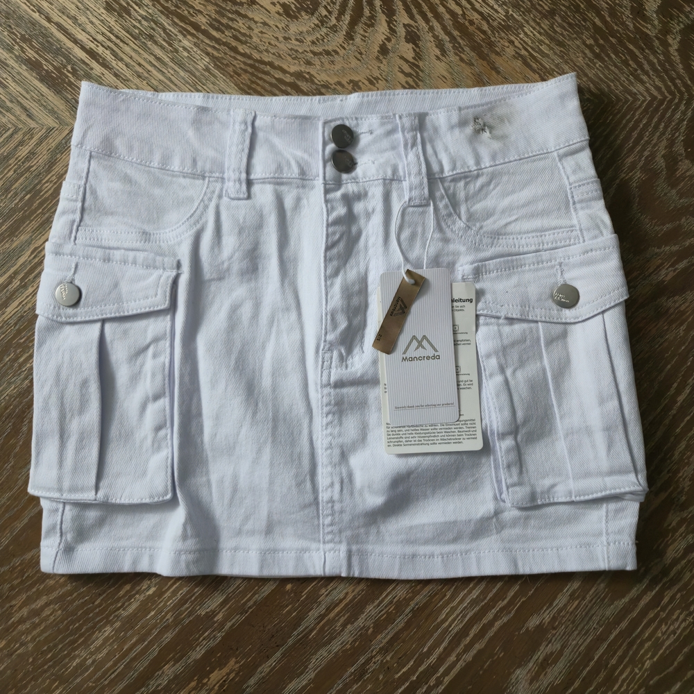 NWT White Cargo Mini Skirt Utility Pocket Stretch Waist S/M